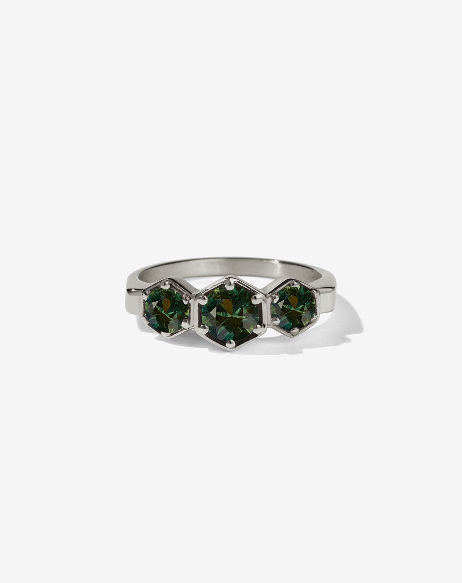Meadowlark Jewellery’s classic 3 Hexagon Stone Engagement Ring in 18ct White Gold, claw set with round brilliant cut green sapphires. Fully traceable and ethically sourced blue and green sapphires from Queensland, Australia. A bold and beloved 3 stone ring, this Ceremonial design is made to order in New Zealand. 