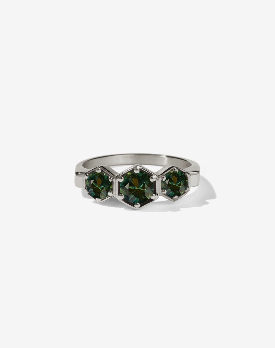 Meadowlark Jewellery’s classic 3 Hexagon Stone Engagement Ring in 18ct White Gold, claw set with round brilliant cut green sapphires. Fully traceable and ethically sourced blue and green sapphires from Queensland, Australia. A bold and beloved 3 stone ring, this Ceremonial design is made to order in New Zealand. 