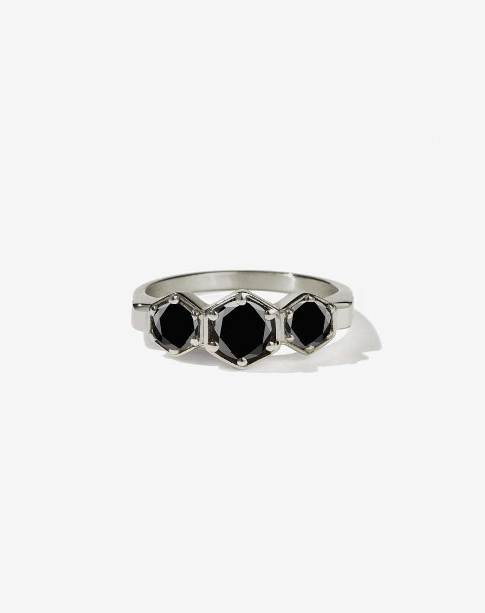 Meadowlark Jewellery’s classic 3 Hexagon Stone Engagement Ring in 18ct White Gold, claw set with 0.95ct round brilliant cut black diamonds. A bold and beloved 3 stone ring, this Ceremonial design is made to order in New Zealand.