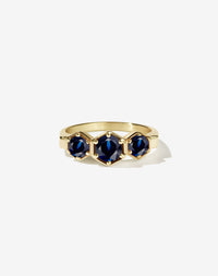 Meadowlark Jewellery’s classic 3 Hexagon Stone Engagement Ring in 18ct Yellow Gold, claw set with round brilliant cut blue sapphires. Fully traceable and ethically sourced blue and green sapphires from Queensland, Australia. A bold and beloved 3 stone ring, this Ceremonial design is made to order in New Zealand. 