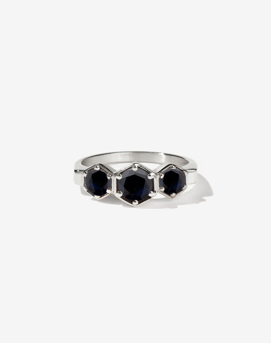 Meadowlark Jewellery’s classic 3 Hexagon Stone Engagement Ring in Sterling Silver, claw set with round brilliant cut Midnight Sapphire. A bold and beloved 3 stone ring, this Ceremonial design is made to order in New Zealand.