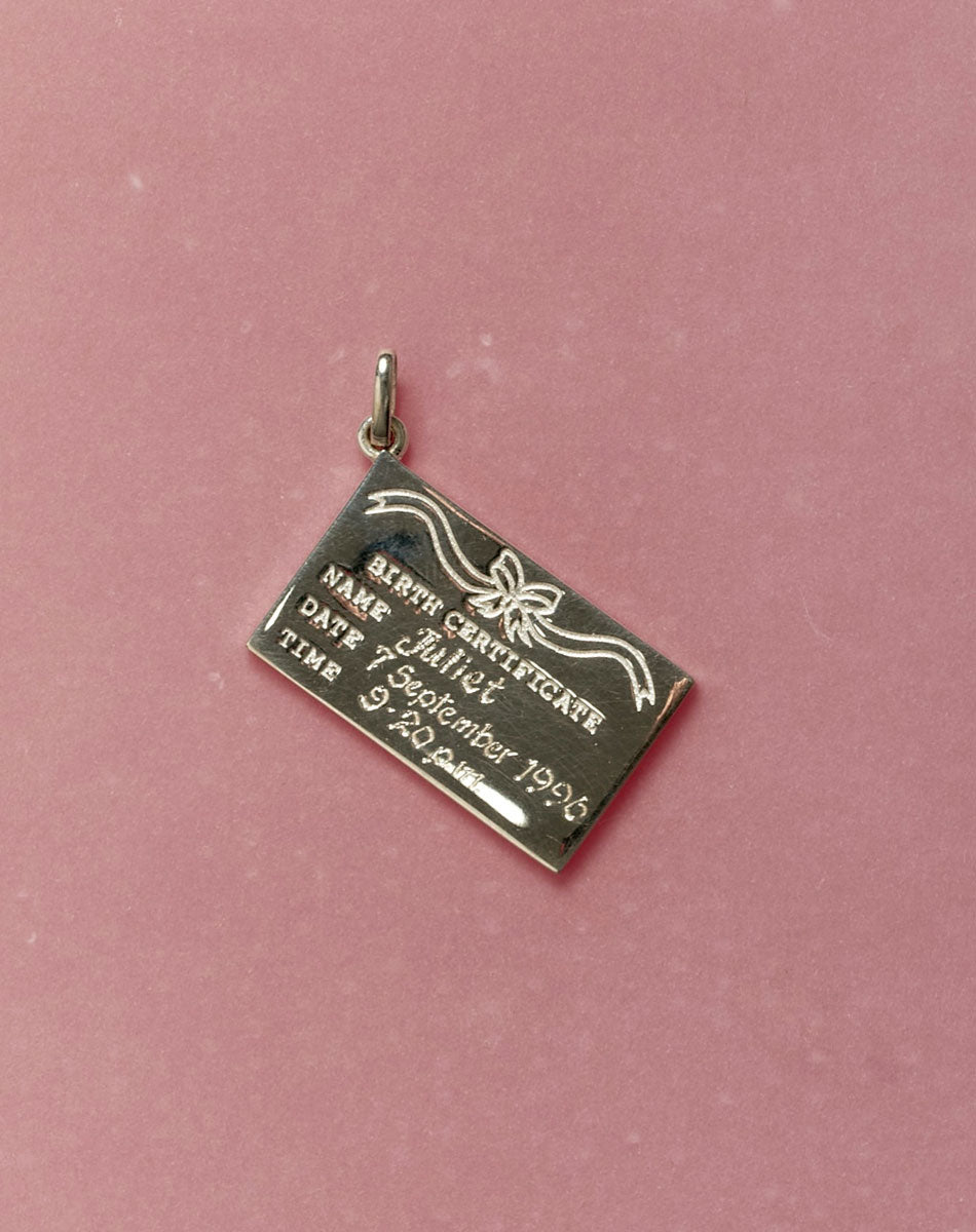 Birth Certificate Charm Necklace | Sterling Silver