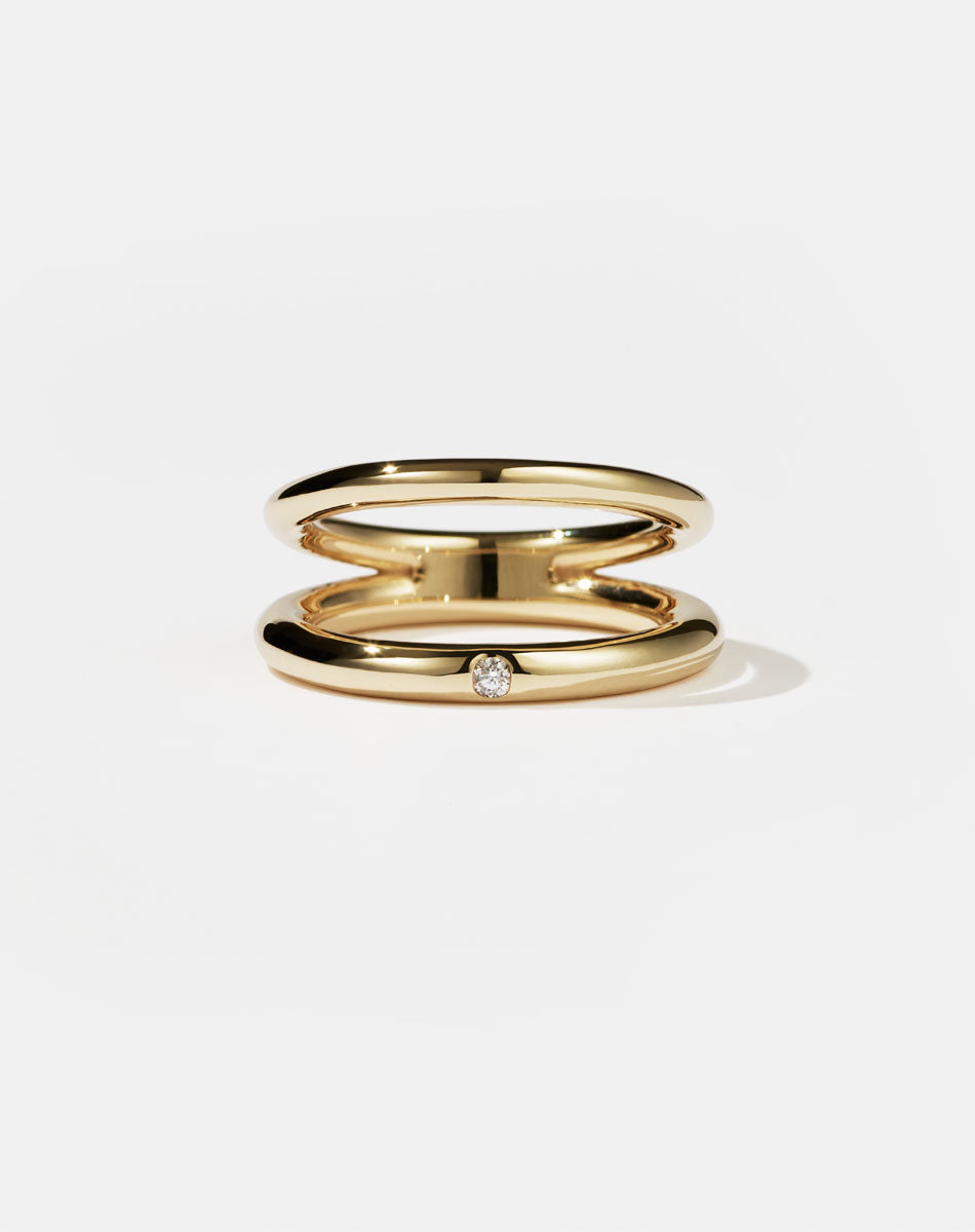Coco Ring with double bands in 9ct Yellow Gold. Set with round brilliant white diamond. 2.3mm and 2.8mm wide bands.