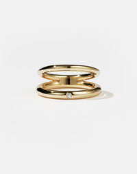 Coco Ring with double bands in 9ct Yellow Gold. Set with round brilliant white diamond. 2.3mm and 2.8mm wide bands.