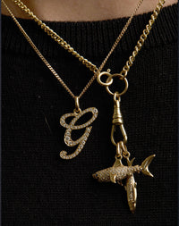 Two gold Meadowlark necklaces with pendants on a black background