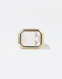 Meadowlark Jewellery's bold Limited Edition Milan Cocktail Ring in 9ct Yellow Gold, bezel set with an emerald-cut rose quartz stone. A classic and timeless design, to celebrate milestones or bring decadence to everyday. Made to order in New Zealand, at the Meadowlark workshop. A bolder version of our Milan Ring.