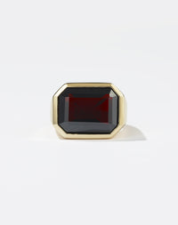 Meadowlark Jewellery's bold Limited Edition Milan Cocktail Ring in 9ct Yellow Gold, bezel set with an emerald-cut thai garnet stone. A classic and timeless design, to celebrate milestones or bring decadence to everyday. Made to order in New Zealand, at the Meadowlark workshop. A bolder version of our Milan Ring.
