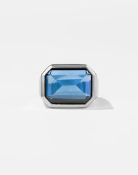 Meadowlark Jewellery's bold Limited Edition Milan Cocktail Ring in Sterling Silver, bezel set with an emerald-cut blue topaz stone. A classic and timeless design, to celebrate milestones or bring decadence to everyday. Made to order in New Zealand, at the Meadowlark workshop. A bolder version of our Milan Ring.