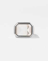 Meadowlark Jewellery's bold Limited Edition Milan Cocktail Ring in Sterling Silver, bezel set with an emerald-cut rose quartz stone. A classic and timeless design, to celebrate milestones or bring decadence to everyday. Made to order in New Zealand, at the Meadowlark workshop. A bolder version of our Milan Ring.