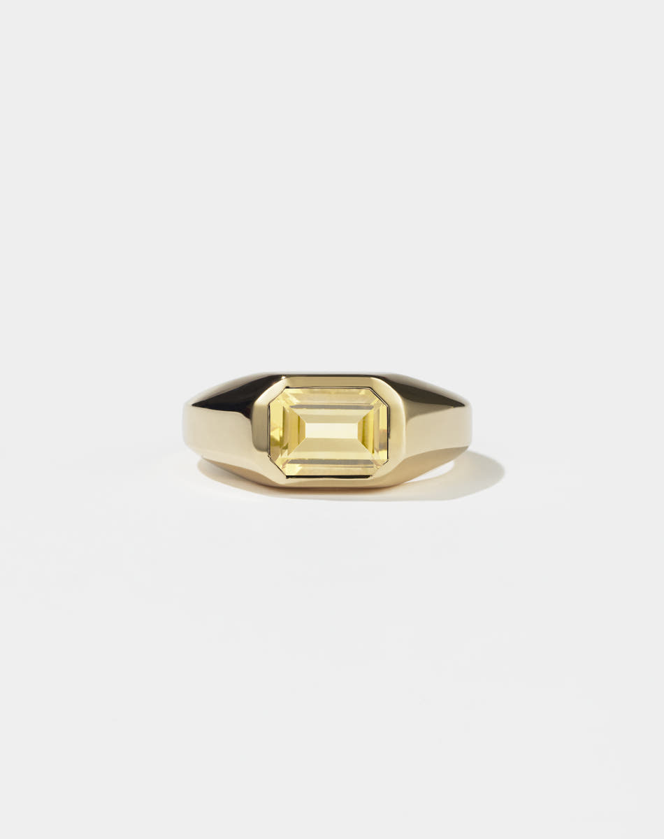 Meadowlark Jewellery's bold Limited Edition Milan Ring in 9ct Yellow Gold, bezel set with an emerald-cut citrine stone. A classic and timeless design, perfect as a wedding band or a minimalist piece for everyday. Made to order in New Zealand, at the Meadowlark workshop.