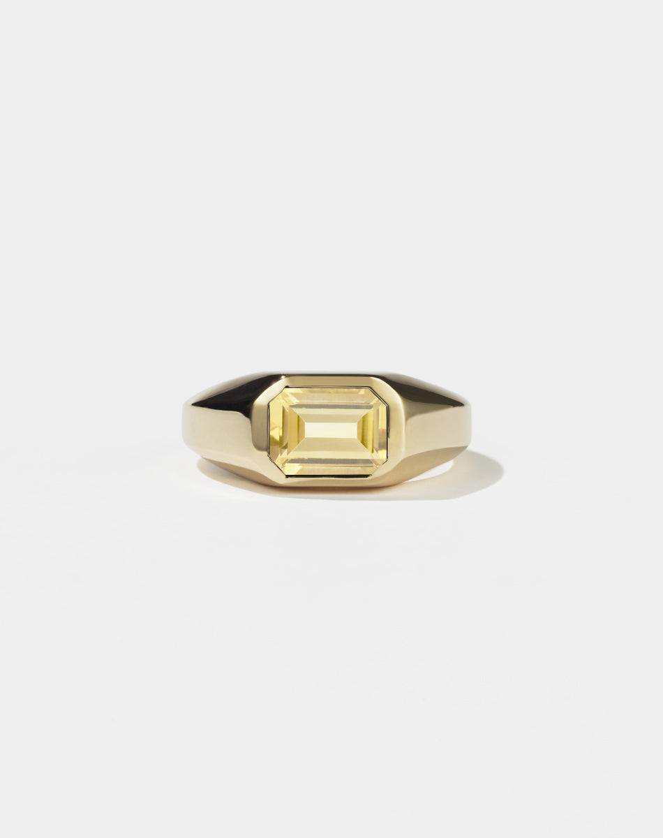 Meadowlark Jewellery's bold Limited Edition Milan Ring in 9ct Yellow Gold, bezel set with an emerald-cut citrine stone. A classic and timeless design, perfect as a wedding band or a minimalist piece for everyday. Made to order in New Zealand, at the Meadowlark workshop.
