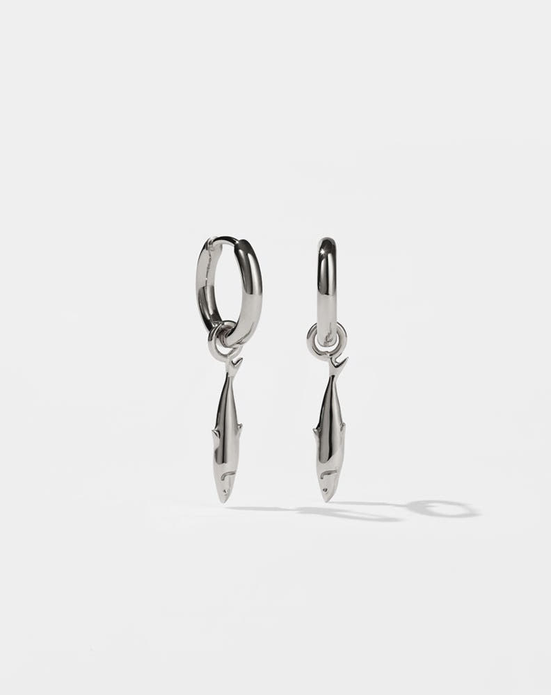 Silver hoop earrings with sardine charms