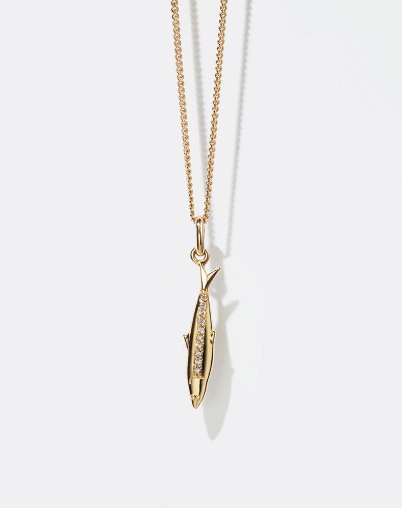 Gold Sardine Charm Necklace set with diamonds