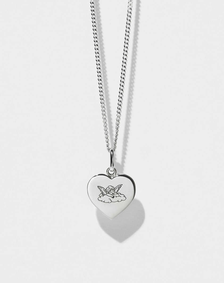 Sweetheart Charm with Cherub Engraving on Fine Chain | Sterling Silver