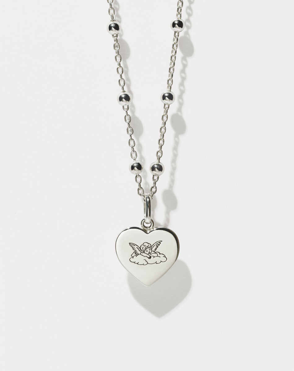 Sweetheart Charm with Cherub Engraving on Ball Chain | Sterling Silver
