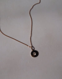 Violet Necklace with floral engraving in 9ct Yellow Gold. Set with White Diamond. 11m diameter pendant. 40cm or 45cm diamond curb chain.