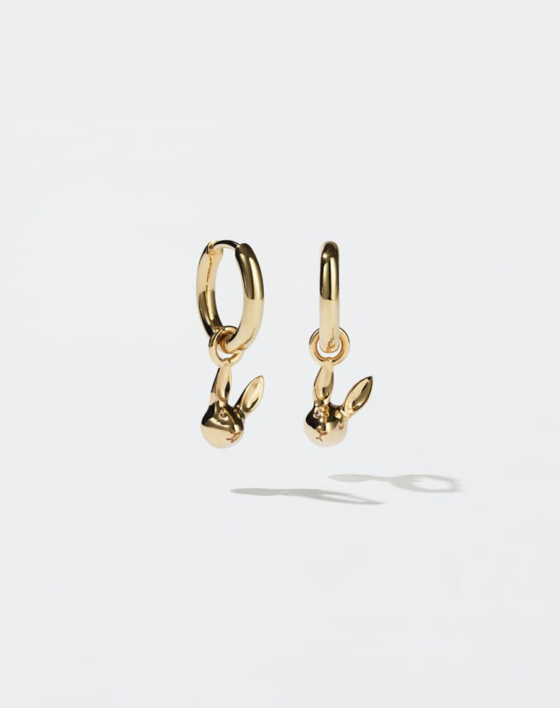 Gold bunny rabbit charm hoop earrings
