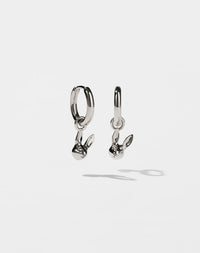 Silver bunny rabbit charm hoop earrings