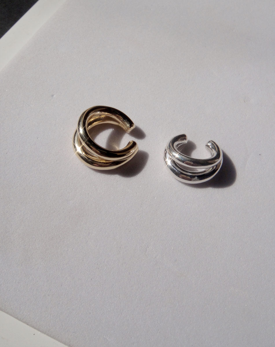 Coco Ear Cuff Small in Sterling Silver and Coco Ear Cuff Large in 23k Gold Plated or 9ct Yellow Gold, featuring a double loop.