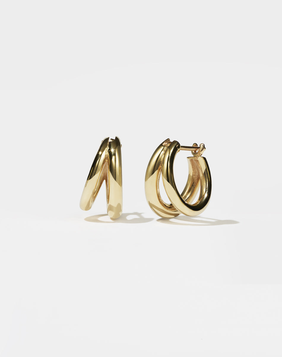 Coco Hoops Medium Earrings in 23k Gold Plated or 9ct Yellow Gold, featuring a double hoop and lever or clicker back earring closure. Inner diameter approximately 10mm.