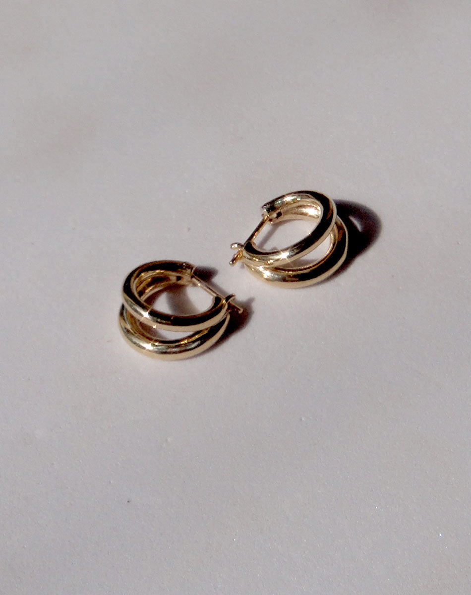 Coco Hoops Medium Earrings in 23k Gold Plated or 9ct Yellow Gold, featuring a double hoop and lever or clicker back earring closure. Inner diameter approximately 10mm.