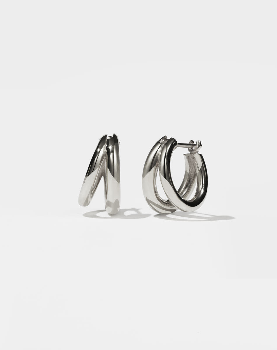 Meadowlark Jewellery's Coco Hoops Medium Earrings in Sterling Silver, featuring a double hoop and lever or clicker back earring closure. Inner diameter approximately 10mm.