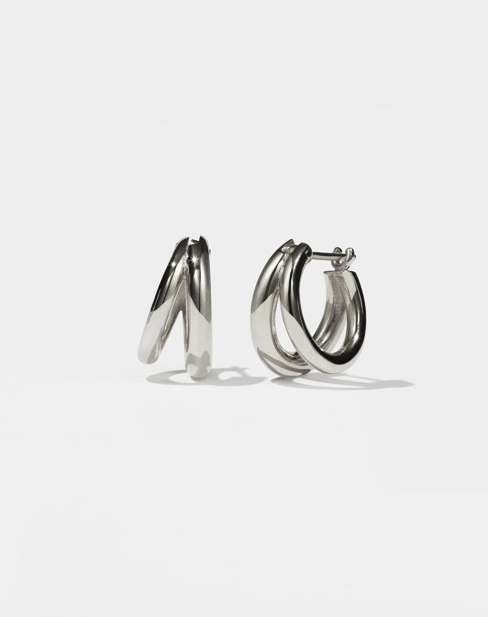 Meadowlark Jewellery's Coco Hoops Medium Earrings in Sterling Silver, featuring a double hoop and lever or clicker back earring closure. Inner diameter approximately 10mm.