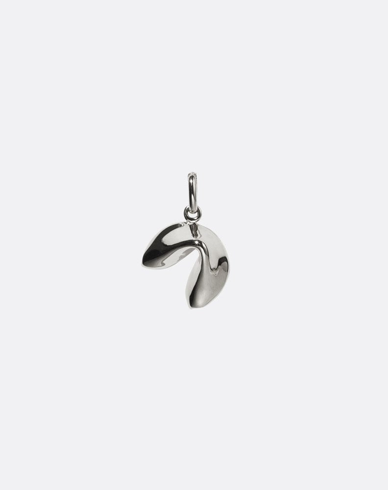 Silver fortune cookie pendant on a white background