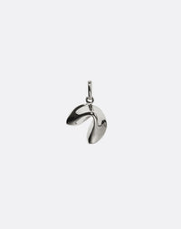 Silver fortune cookie pendant on a white background