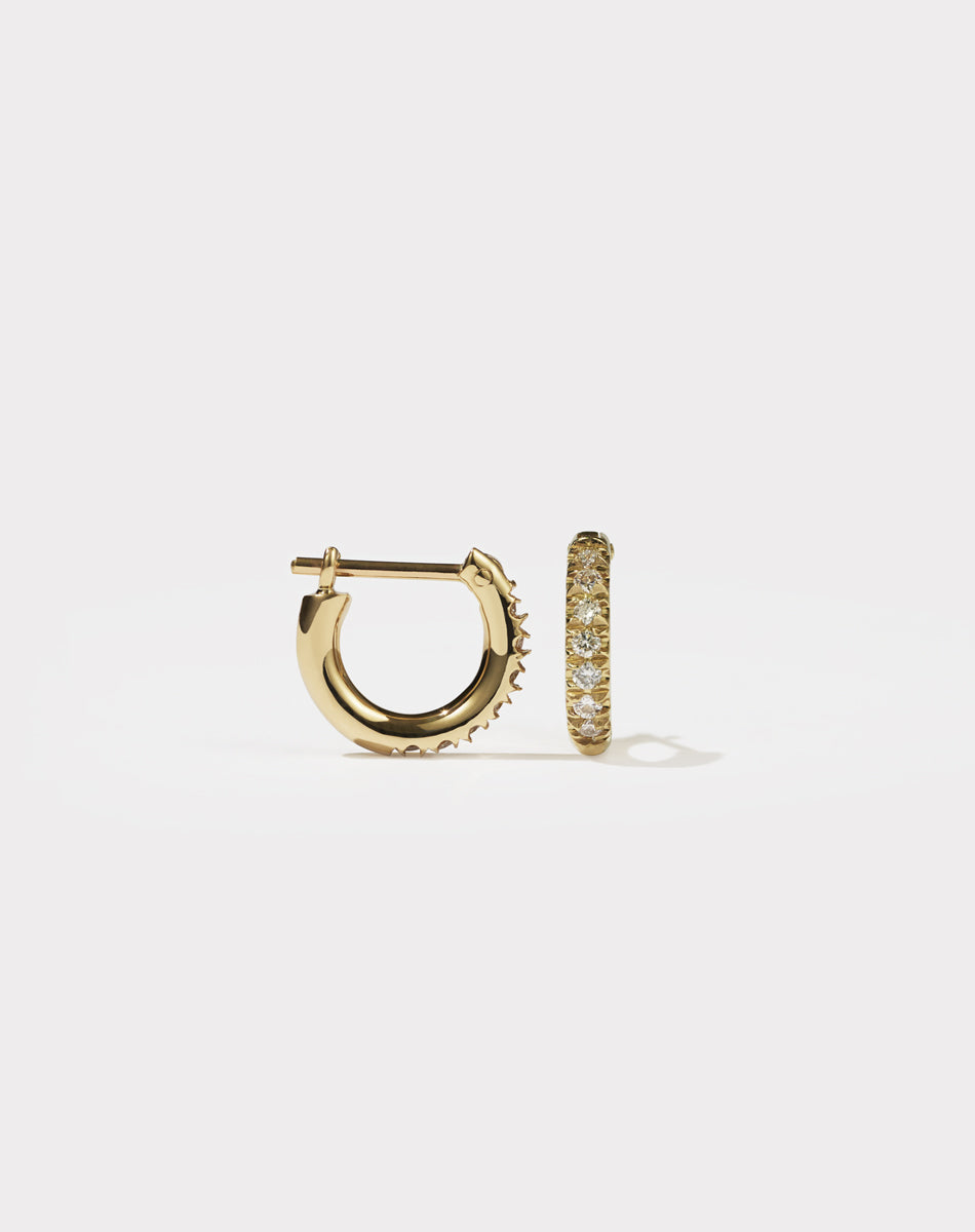 Meadowlark Jewellery's Halo Huggies Pave Earring in 9ct Yellow Gold with round brilliant cut, French pave set white diamonds. Featuring a lever or clicker back earring closure. Inner diameter approximately 7mm.