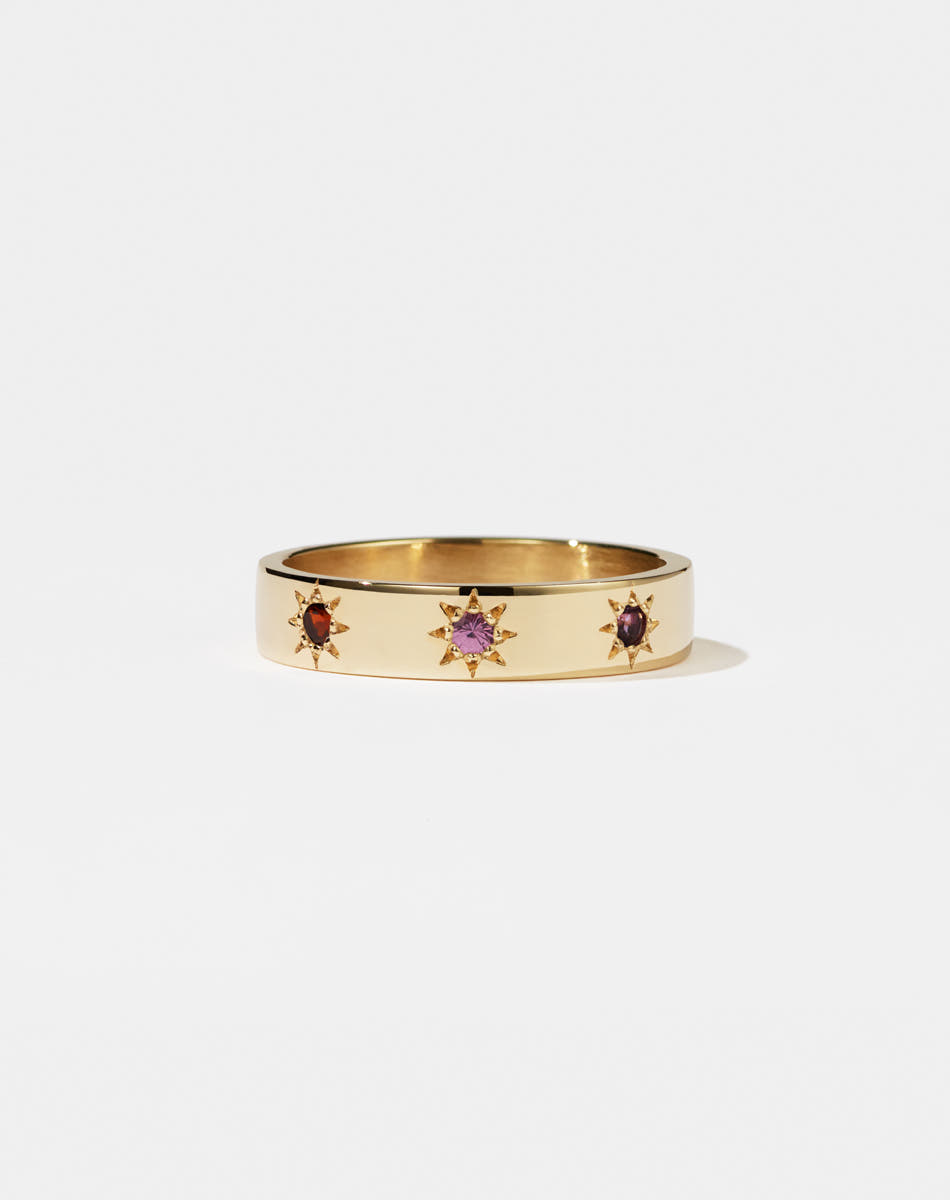 Lulu 3 Star Band in 9ct Yellow Gold with star set round brilliant cut Amethyst, Pink Sapphire, African Garnet. 4.5mm width wedding band.