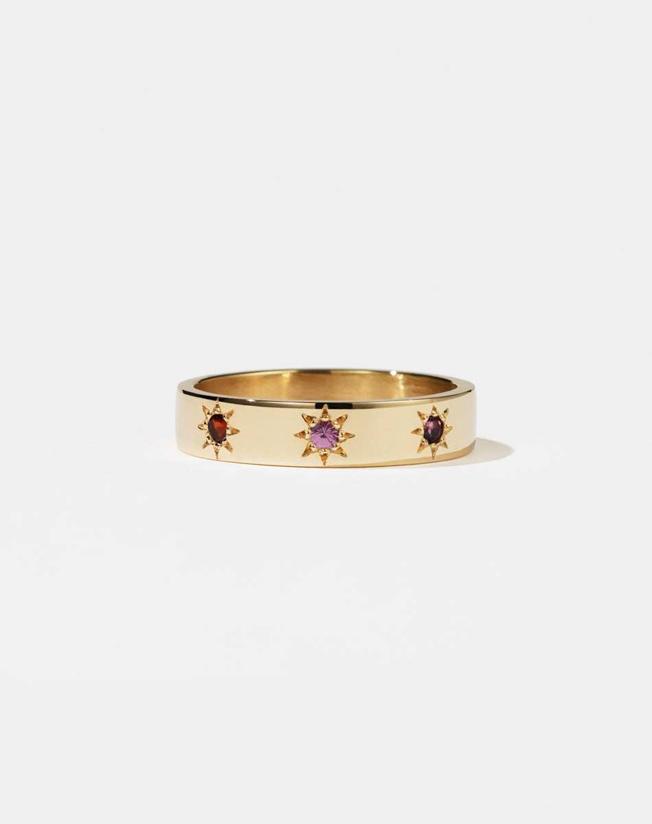 Lulu 3 Star Band in 9ct Yellow Gold with star set round brilliant cut Amethyst, Pink Sapphire, African Garnet. 4.5mm width wedding band.