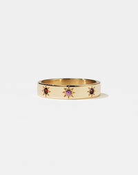 Lulu 3 Star Band in 9ct Yellow Gold with star set round brilliant cut Amethyst, Pink Sapphire, African Garnet. 4.5mm width wedding band.
