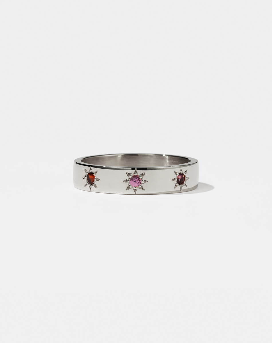 Meadowlark Jewellery's Lulu 3 Star Band in Sterling Silver with star set round brilliant cut Amethyst, Pink Sapphire, African Garnet. 4.5mm width wedding band.