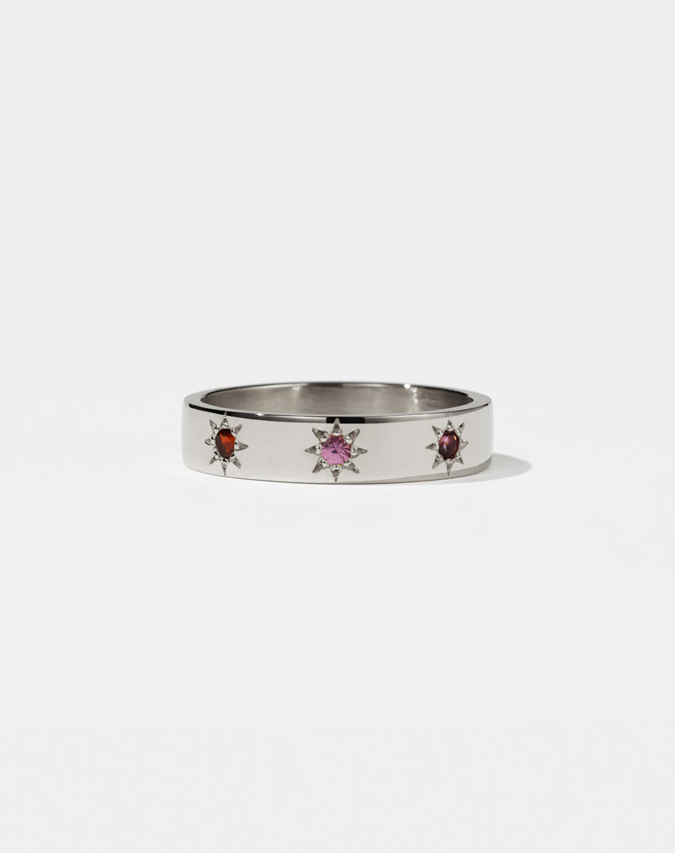 Meadowlark Jewellery's Lulu 3 Star Band in Sterling Silver with star set round brilliant cut Amethyst, Pink Sapphire, African Garnet. 4.5mm width wedding band.