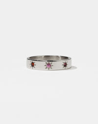 Meadowlark Jewellery's Lulu 3 Star Band in Sterling Silver with star set round brilliant cut Amethyst, Pink Sapphire, African Garnet. 4.5mm width wedding band.