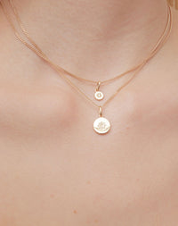 Lulu & Violet Necklace in 23k Gold Plated or 9ct Yellow with star set White Diamond. 6mm diameter pendant on 40cm or 45cm diamond curb chain. Worn on model.