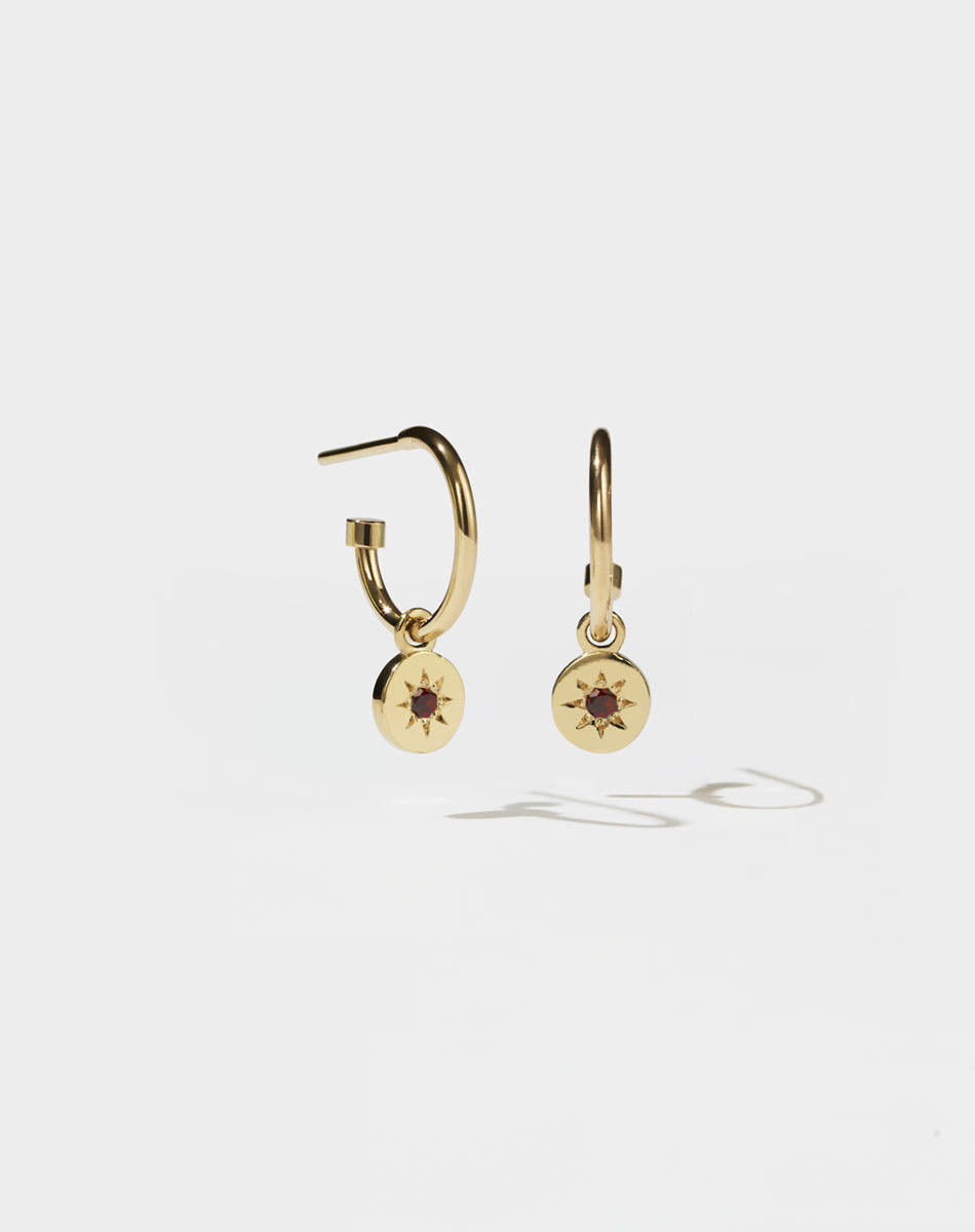 Lulu Signature Hoop Earrings in 23k Gold Plated or 9ct Yellow with star set African Garnet. 6mm in diameter.