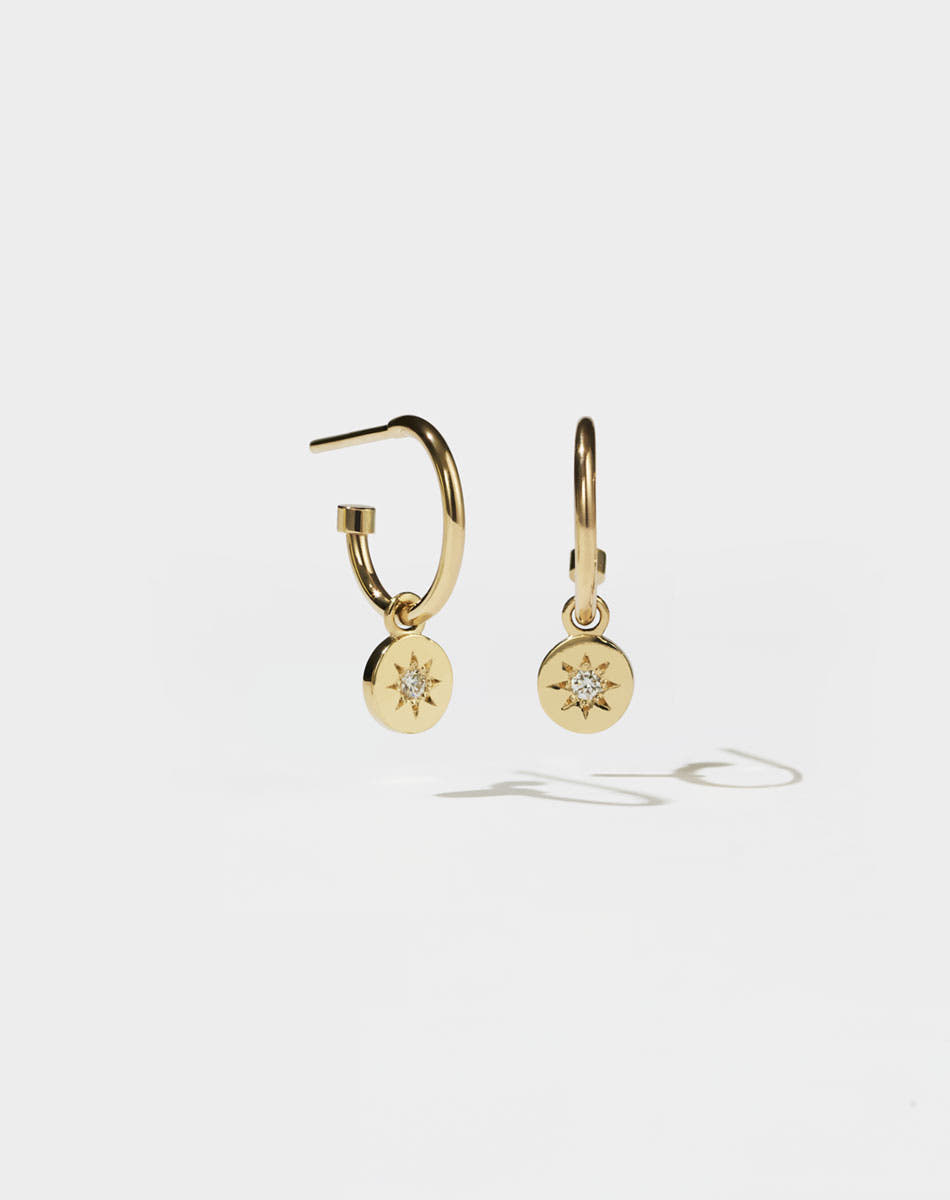 Meadowlark Jewellery's Lulu Signature Hoop Earrings in 23k Gold Plated or 9ct Yellow with star set White Diamond. 6mm in diameter.