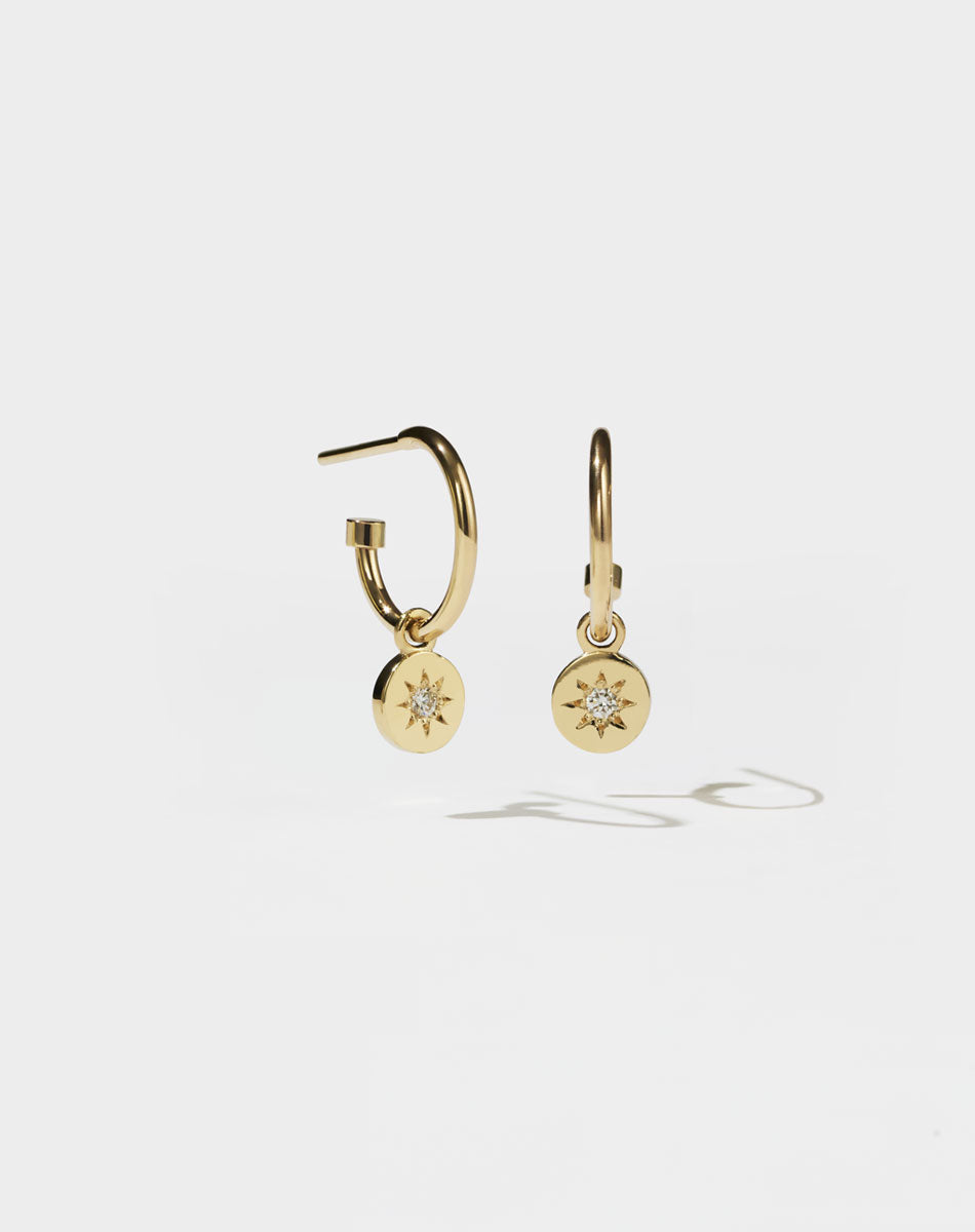 Meadowlark Jewellery's Lulu Signature Hoop Earrings in 23k Gold Plated or 9ct Yellow with star set White Diamond. 6mm in diameter.