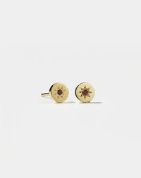 Lulu Stud Earrings in 23k Gold Plated or 9ct Yellow Gold with star set African Garnet. 6mm in diameter.