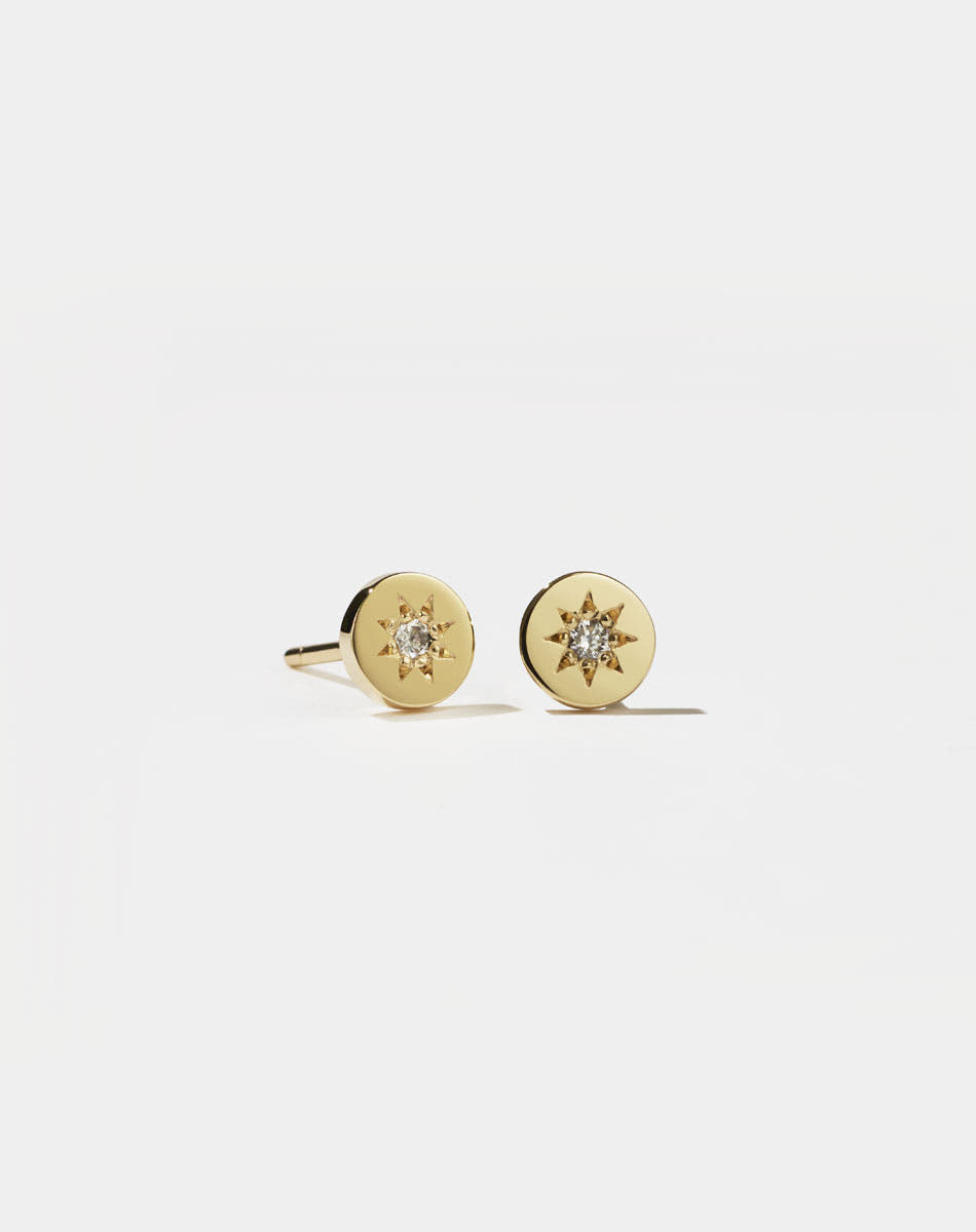 Meadowlark Jewellery's Lulu Stud Earrings in 23k Gold Plated or 9ct Yellow Gold with star set White Diamond. 6mm in diameter.
