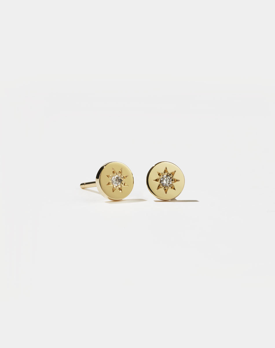 Meadowlark Jewellery's Lulu Stud Earrings in 23k Gold Plated or 9ct Yellow Gold with star set White Diamond. 6mm in diameter.
