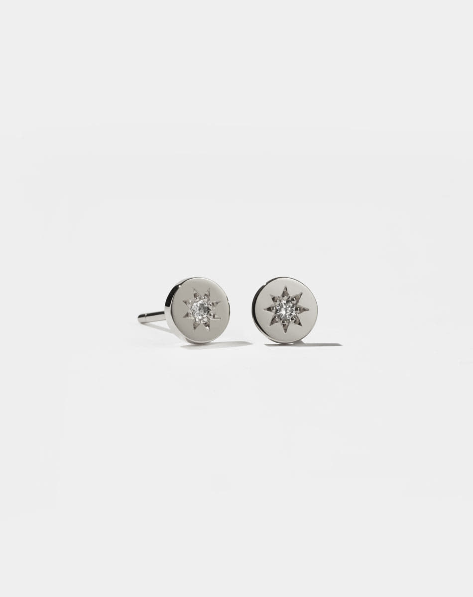 Lulu Stud Earrings in Sterling Silver with star set White Diamond. 6mm in diameter.