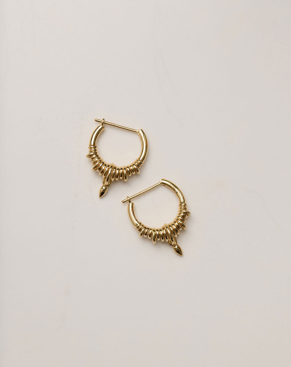 A pair of small hoop earrings made in gold, with a series of rings suspended on a hoop, with small charm. 