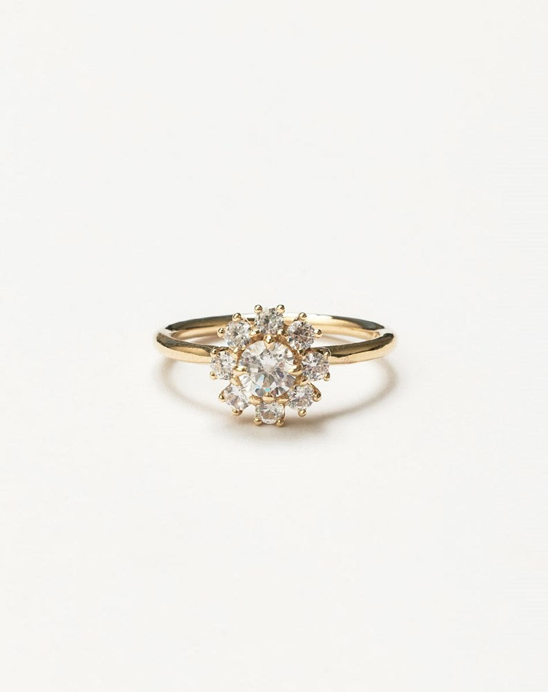 Gold ring with a diamond cluster on a light gray background