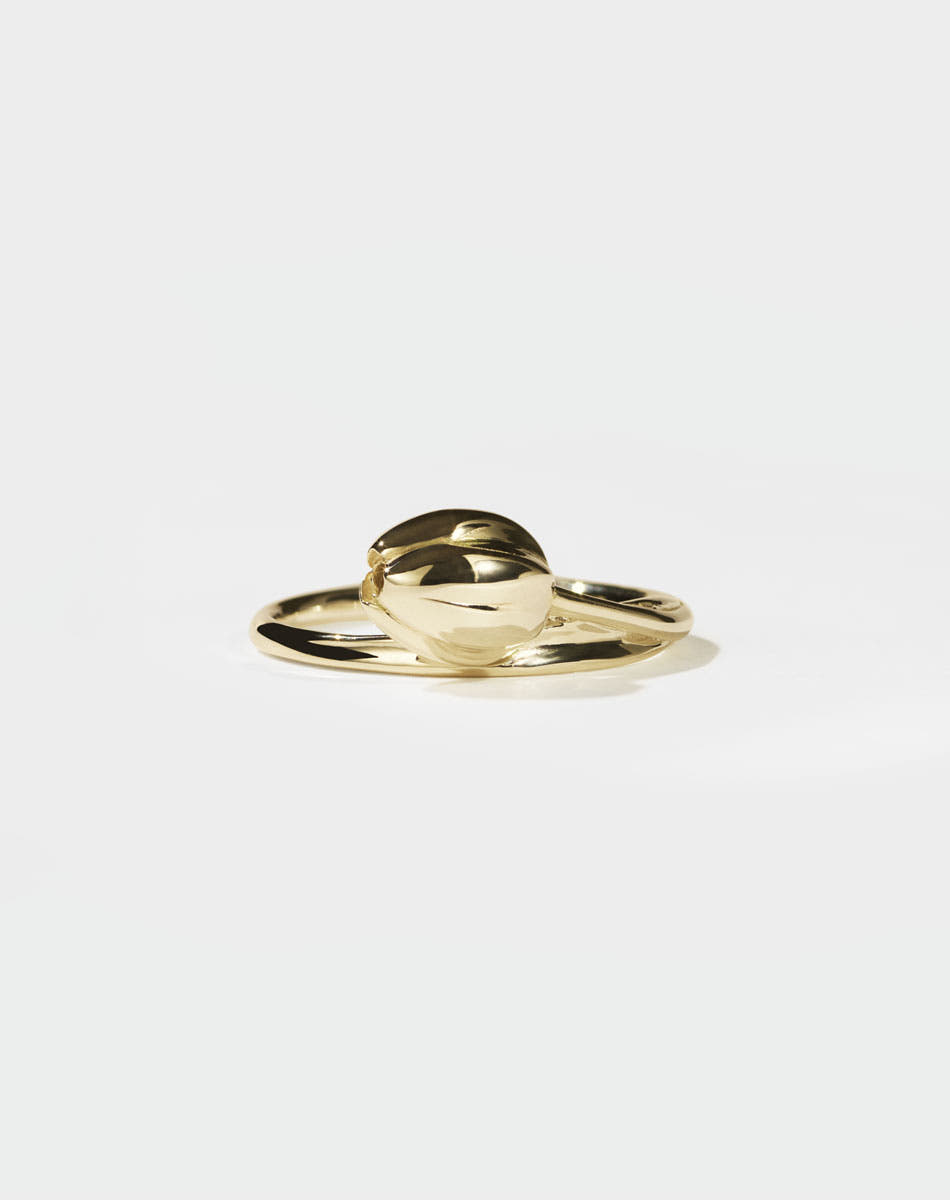 Gold tulip motif ring on a white background