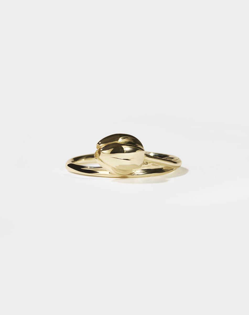Gold tulip motif ring on a white background