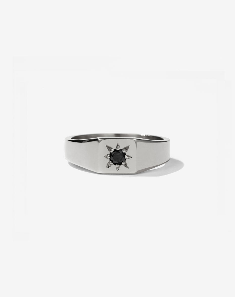 Meadowlark Jewellery’s vintage inspired 0.10ct Remy Signet Engagement Ring in Sterling Silver star set with a round brilliant cut black diamond centre stone. Atop a fine square band. A modern Ceremonial design made to order in New Zealand.