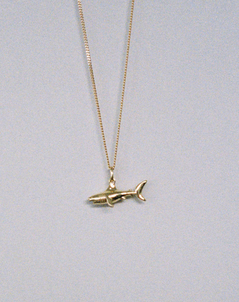 A sterling silver charm in the shape of a shark on a fine chain